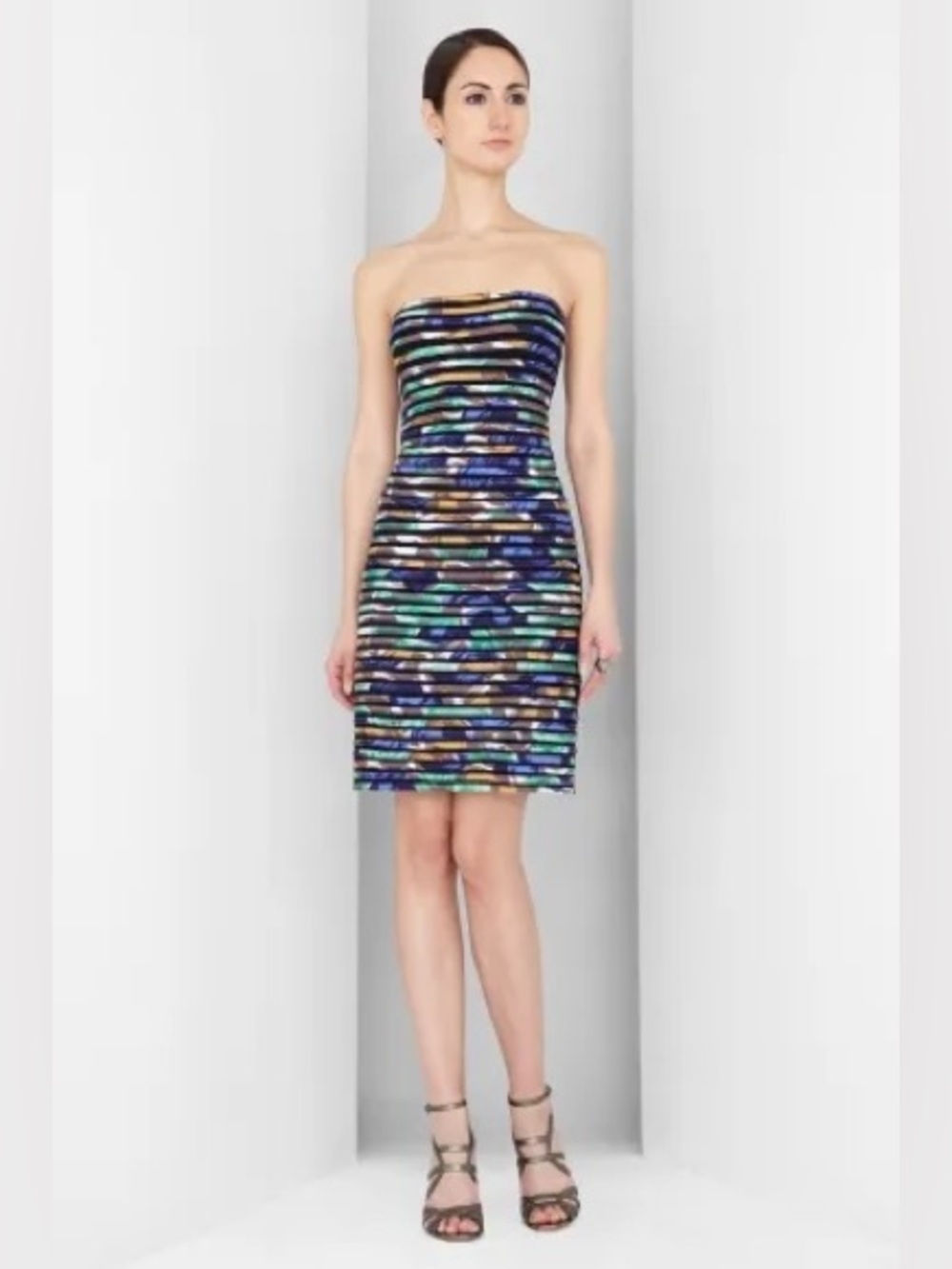 BCBGMaxAzria Silk Watercolor Pattern Stripe Panel Cocktail Dress Multi 8 Y2K